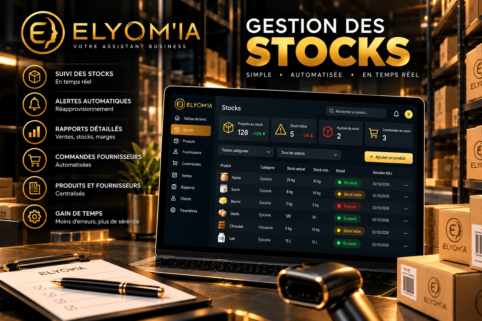 Gestion des stocks ELYOM'IA avec suivi en temps réel, alertes et commandes fournisseurs